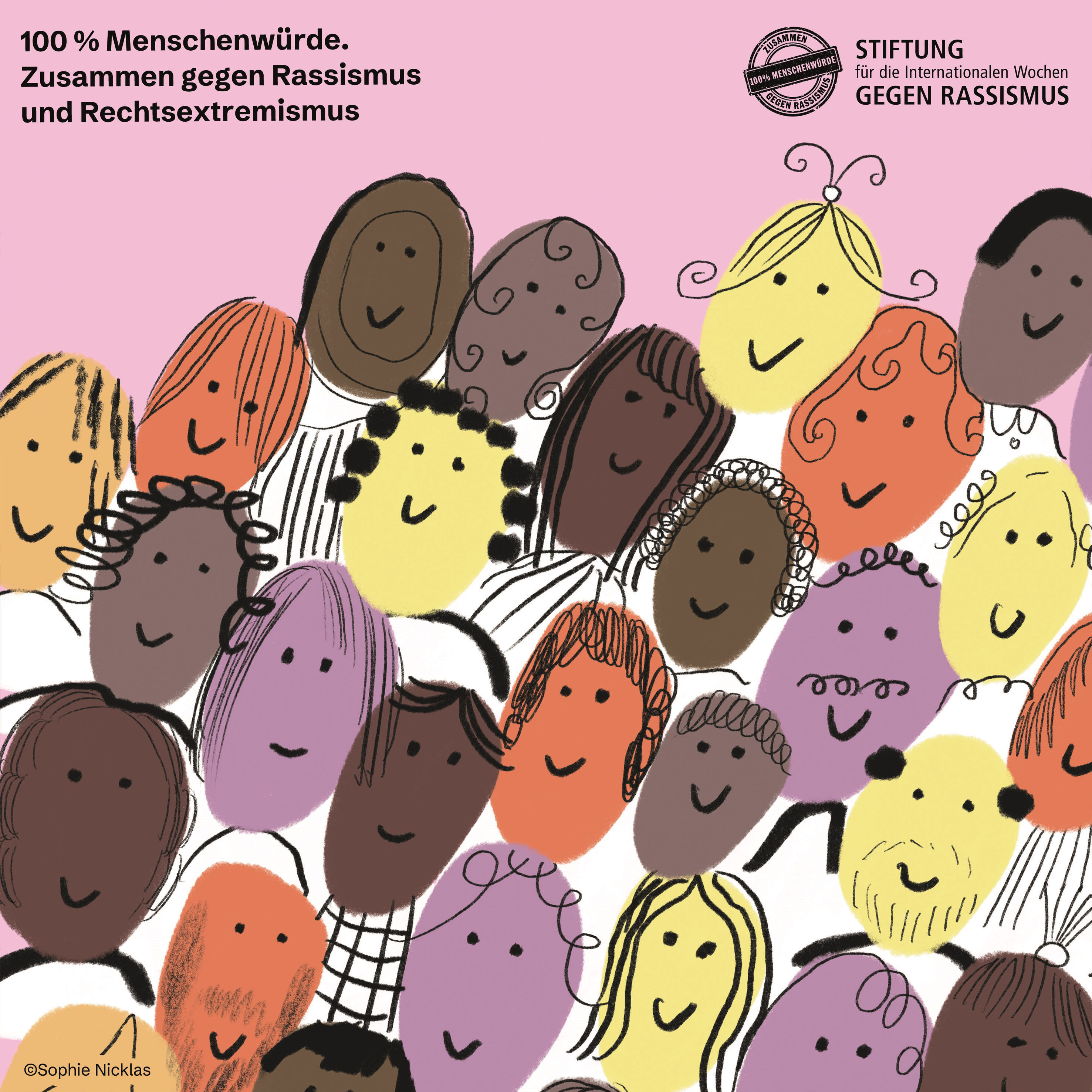 Viele Gesichter von Menschen unterschiedlicher Hautfarbe, darüber der Schriftzug: 100% Menschenwürde. Zusammen gegen Rassismus und Rechtsextremismus. Stiftung für die Internationalen Wochen gegen Rassismus