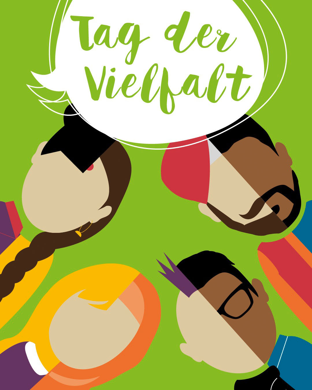 Vier stilisierte Gesichter mit dem Schriftzug "Tag der Vilefalt"