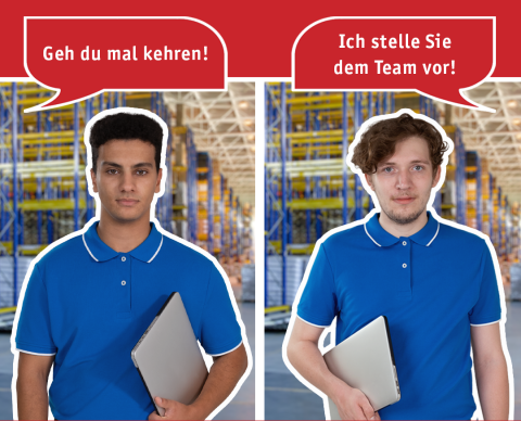 Zwei Personen in blauen und T-Shirt links über der Person steht die Sprechblase Geh du mal kehren, rechts Ich stelle dich dem Team vor.