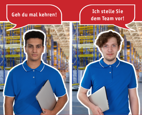 Zwei Personen in blauen T-Shirt links über der Person steht "Geh du mal kehren" rechts über der person steht "Ich stelle Sie dem Team vor"